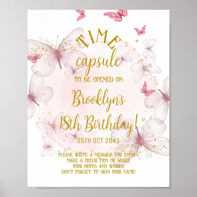 Poster Sinal de Cápsula do Horário da Borboleta Rosa e Do (Frente)