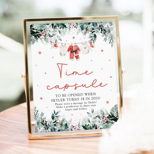 Poster Sinal de Cápsula do Tempo de Chá de Bebê do Papai  (Watercolor Christmas Red Santa Baby Shower Time Capsule Game Sign)