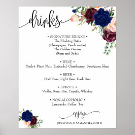 Poster Sinal de cardápio de bebidas casamento floral navy