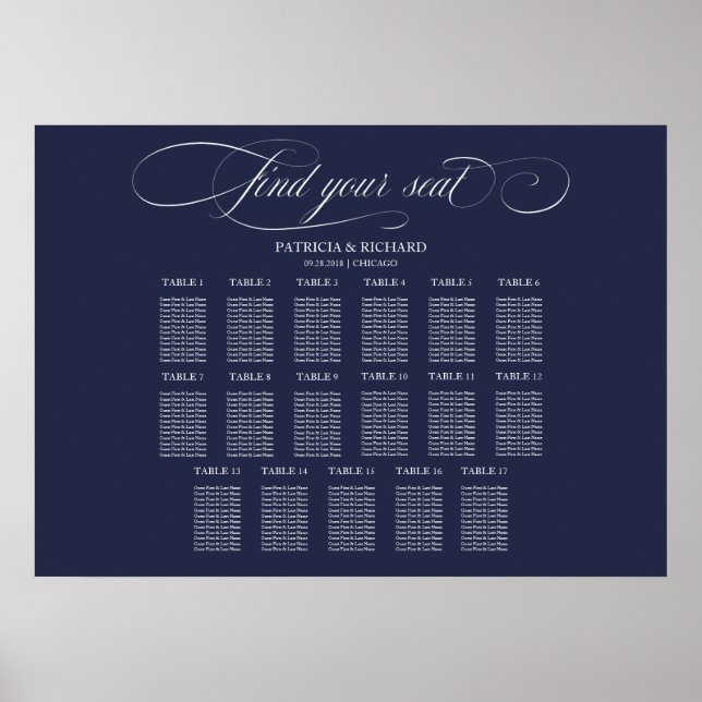 Poster Sinal de Carta de Assentos de Casamento 17 Mesas A (Frente)
