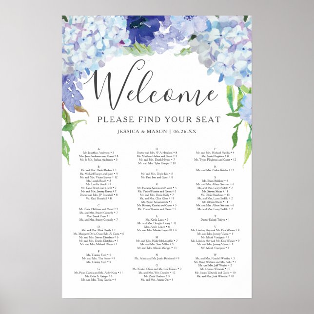 Poster Sinal de Carta de Assentos de Casamento com Hortên (Frente)