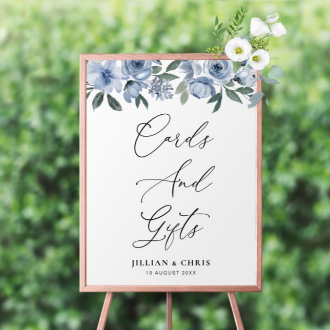 Poster sinal de cartão floral azul-poeirento e presente (Criador carregado)