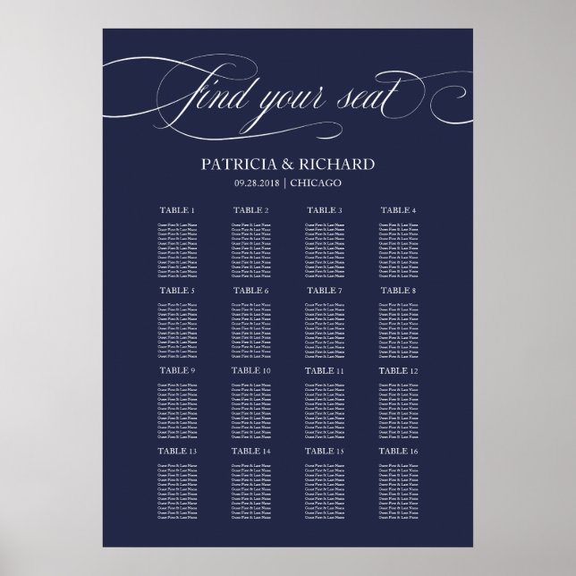 Poster Sinal de Cartaz de Assentos de Casamento Azul Mari (Frente)