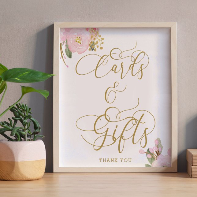 Poster Sinal de Cartões e Presentes Elegantes com Flores  (Cards & Gifts Table Sign from my Pink and Gold Watercolor Floral Collection)