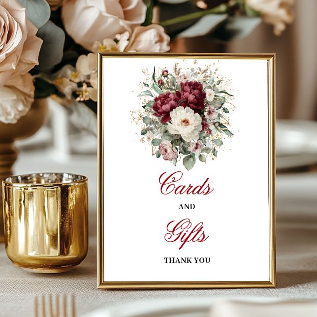 Poster Sinal de Cartões e Presentes Glam Blush Burgundy (Glam Blush Burgundy Tabletop Cards Gifts Sign)