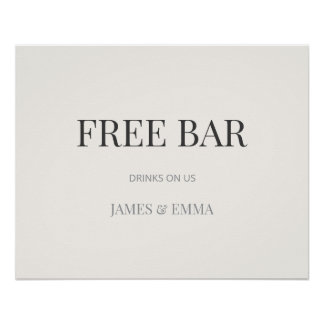 Póster Sinal de Casamento 'Bar Gratuito' Minimalista Bege