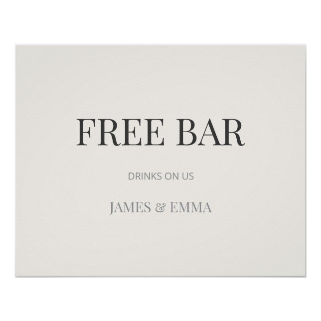 Póster Sinal de Casamento 'Bar Gratuito' Minimalista Bege (Frente)