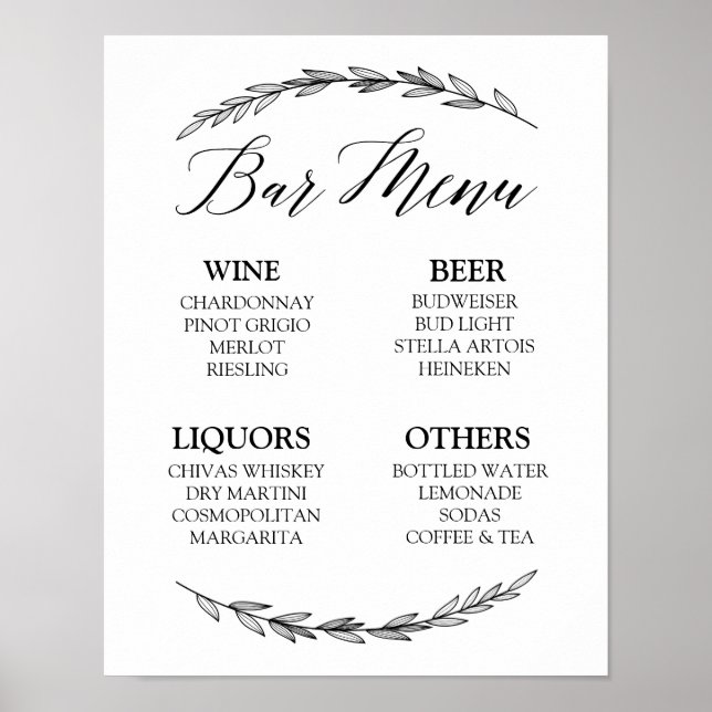 Póster Sinal de casamento - Bar Menu Laurel Wedding Sign (Frente)