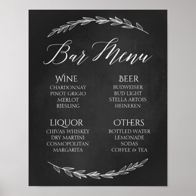 Póster Sinal de casamento - Bar Menu Sinal de quadro de c (Frente)