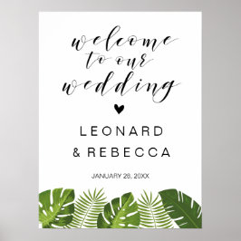 Poster Sinal de casamento bem-vindo | folhas tropicais
