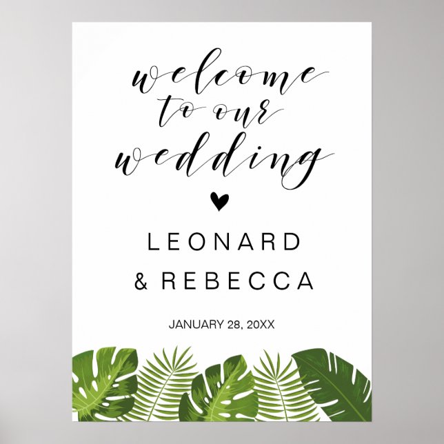 Poster Sinal de casamento bem-vindo | folhas tropicais (Frente)
