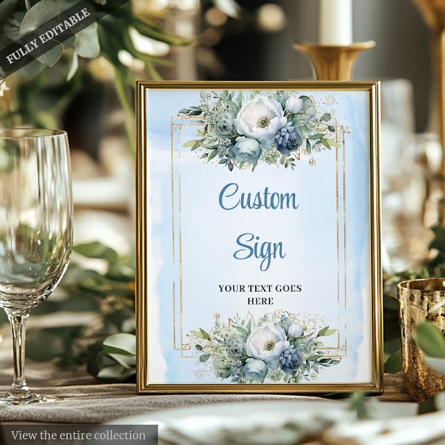 Poster Sinal de Casamento Bohemian DIY Azul Empoeirado Fl (Bohemian Dusty Blue Floral Gold DIY Wedding Sign)