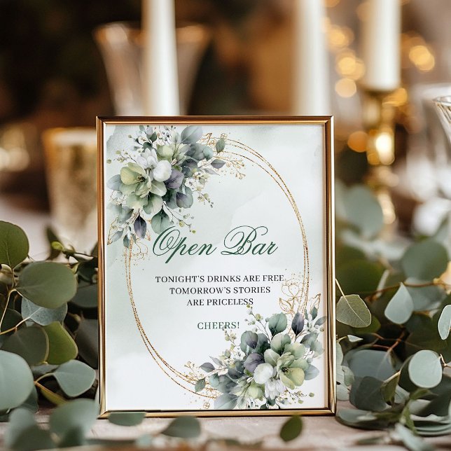 Poster Sinal de Casamento Boho de Barra Aberta Verde e Br (Green and White Boho Open Bar Wedding Sign)