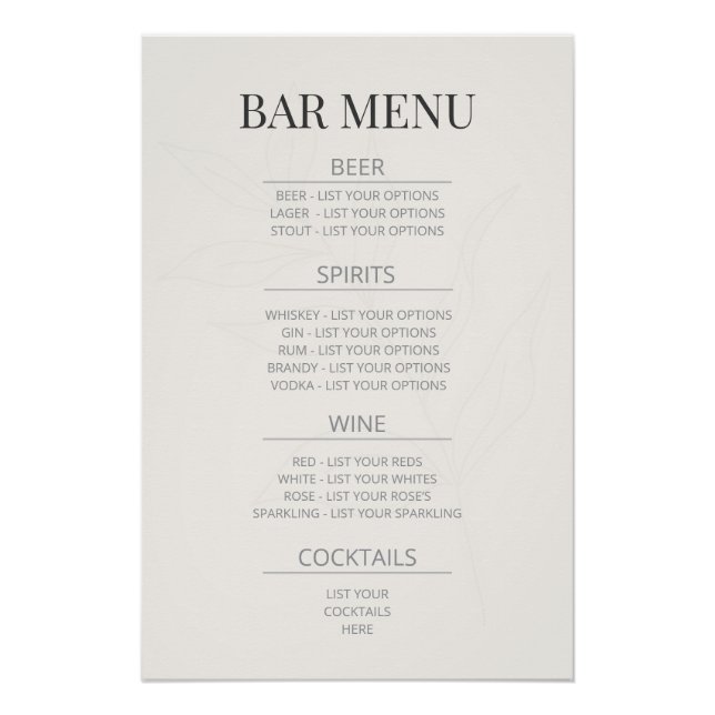 Póster Sinal de Casamento Botânico ‘Cardápio do Bar’ | Ma (Frente)