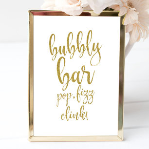 Póster Sinal de Casamento Bubbly Bar Gold Glitter 8x10