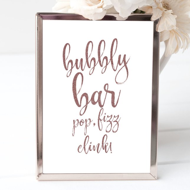 Poster Sinal de Casamento Bubbly Bar Rose Gold Glitter 8x (Criador carregado)