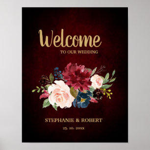Poster Sinal de Casamento Burgundy Red Marinho Floral Rus