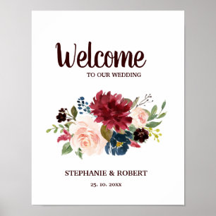 Póster Sinal de Casamento Burgundy Red Marinho Floral Rus