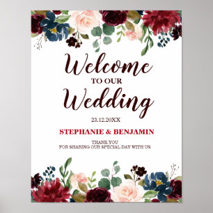 Póster Sinal de Casamento Burgundy Red Marinho Floral Rus