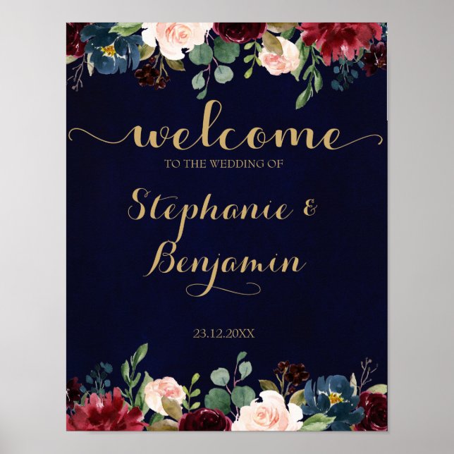 Póster Sinal de Casamento Burgundy Red Marinho Floral Rus (Frente)