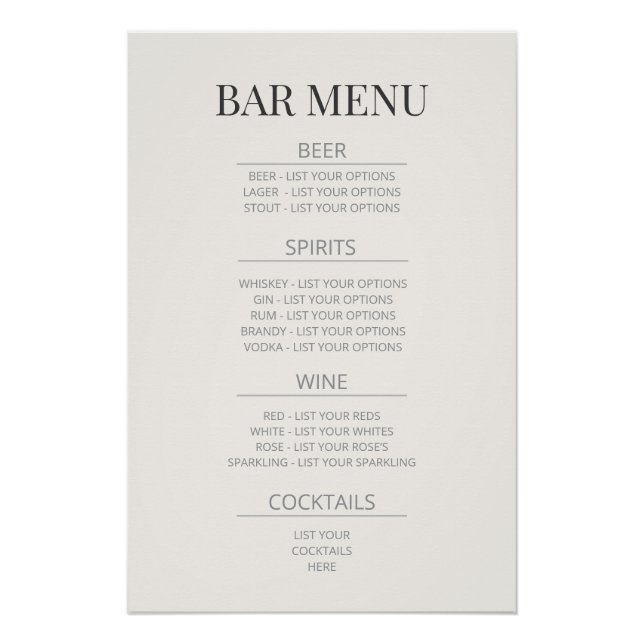 Póster Sinal de Casamento ‘Cardápio do Bar’ | Marfim Quen (Frente)