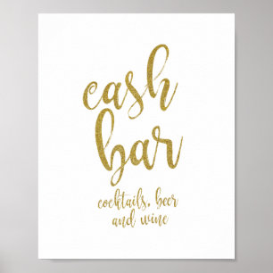 Póster Sinal de Casamento Cash Bar Gold Glitter 8x10