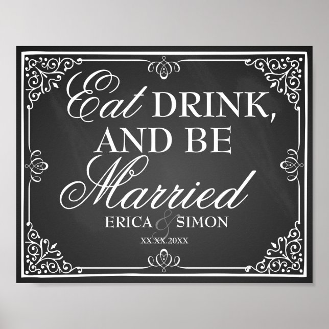 Póster Sinal de casamento: chalkboard come bebida e se ca (Frente)