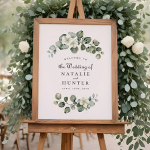 Poster Sinal de casamento com arco de folhagem de folhas