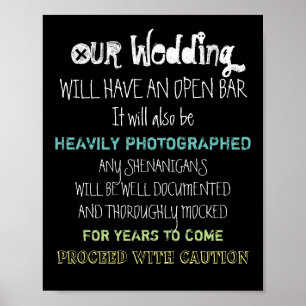 Poster Sinal de Casamento com Bar Aberto Aviso Engraçado 