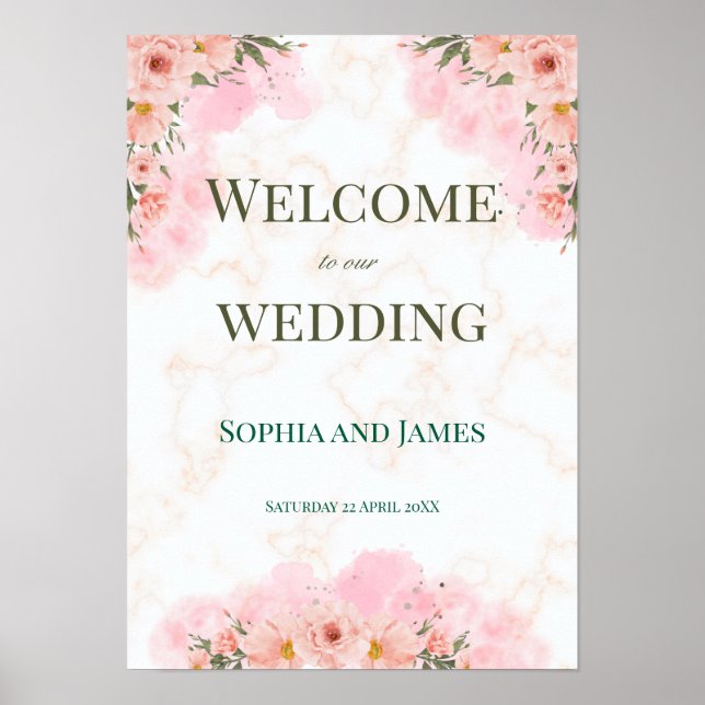 Poster Sinal de Casamento com Flores Rosa Românticas (Frente)