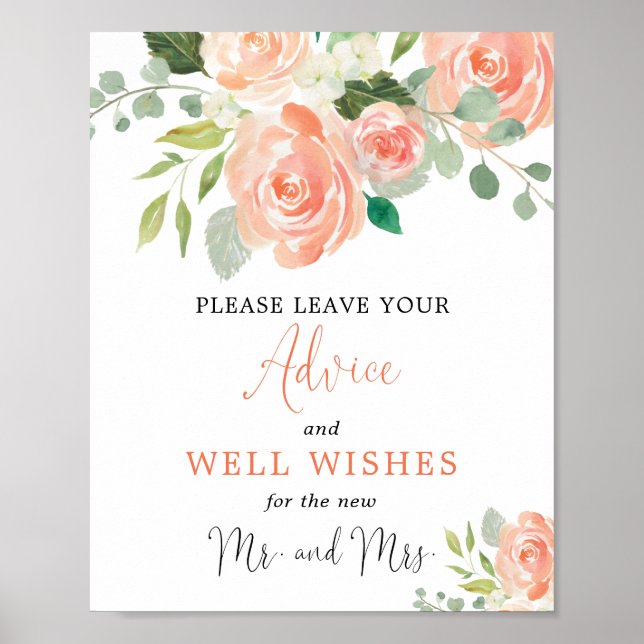 Poster Sinal de casamento com folhagem em pêssego com con (Frente)