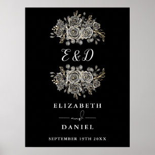 Poster Sinal de Casamento com Monograma Floral Gótico Chi