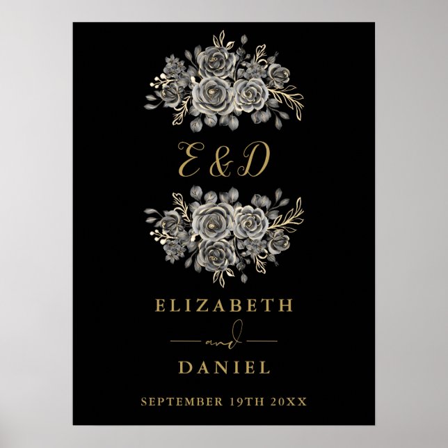 Poster Sinal de Casamento com Monograma Floral Gótico em  (Frente)