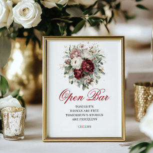 Poster Sinal de Casamento de Bar Aberto Burgundy Boêmio C