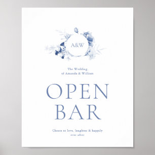 Poster Sinal de Casamento de Bar Aberto Floral Azul Dusty