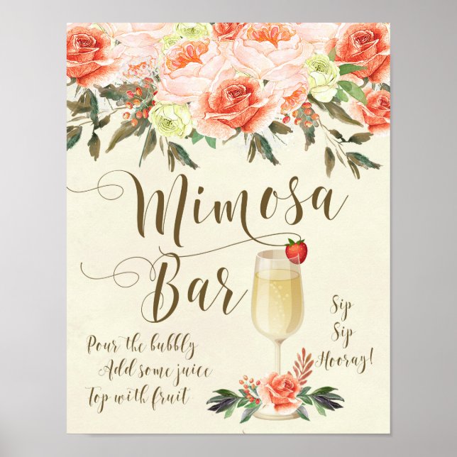 Poster Sinal de casamento de bar Mimosa floral rosa (Frente)