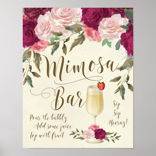 Poster Sinal de Casamento de Bar Mimosa Rosa Borgonha (Frente)