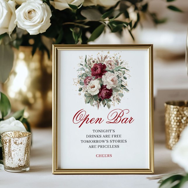 Poster Sinal de Casamento de Barra Aberta Burgundy Blush  (Modern Blush Burgundy Open Bar Wedding Sign)