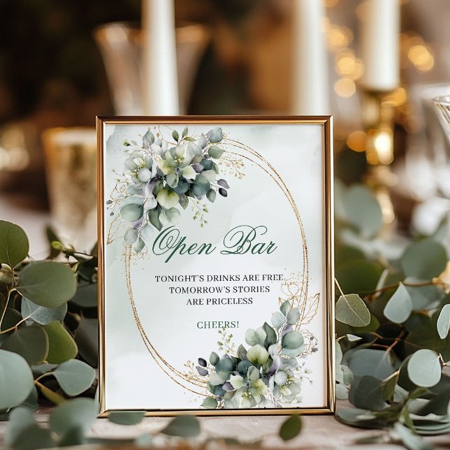 Poster Sinal de Casamento de Barra Aberta de Eucalipto Ve (Dusty Green Eucalyptus Open Bar Wedding Sign)