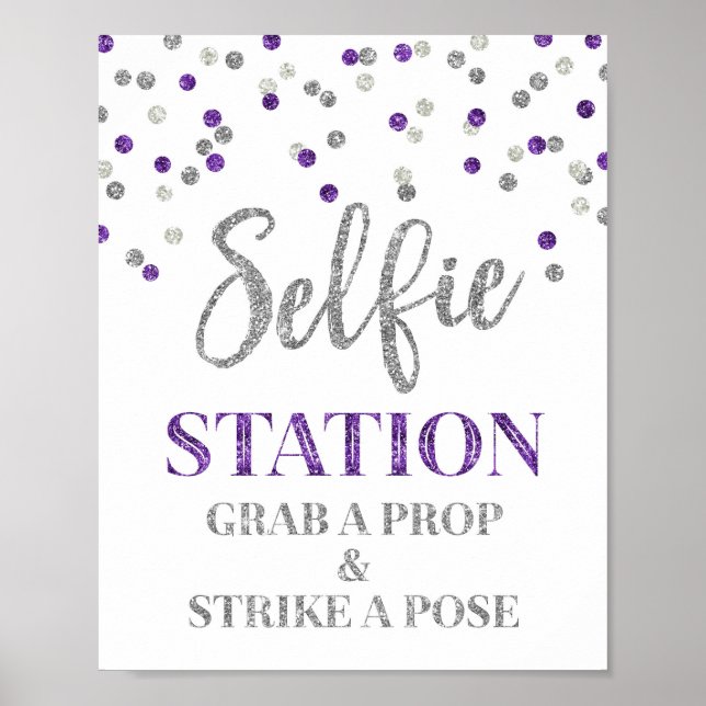 Poster Sinal de Casamento de Estação Selfie Prata Roxa Co (Frente)