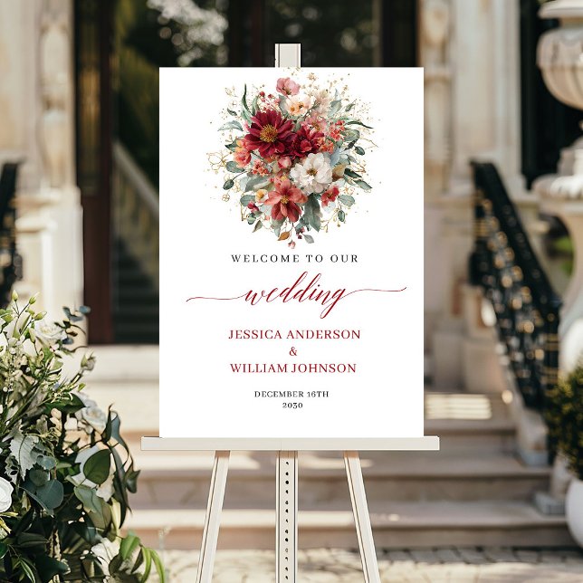 Poster Sinal de Casamento de Eucalipto Vermelho Fundo Boh (Deep Red Boho Floral Fall Eucalyptus Wedding Welcome

)