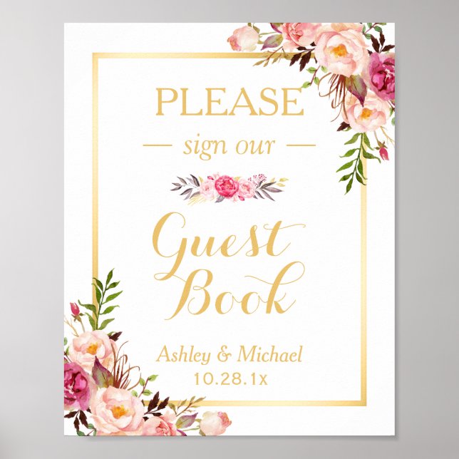 Póster Sinal de Casamento de Guestbook | Chic Floral Eleg (Frente)