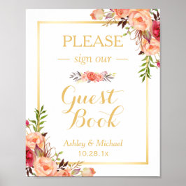 Poster Sinal de Casamento de Guestbook | Floral Laranja D