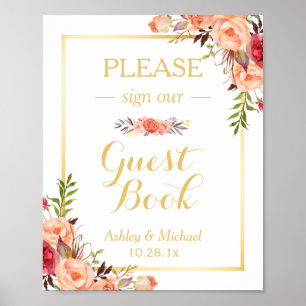 Poster Sinal de Casamento de Guestbook   Floral Laranja D