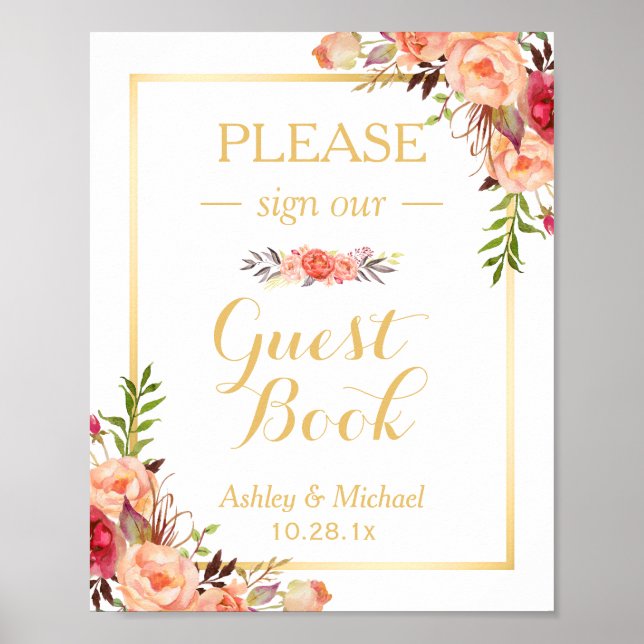 Poster Sinal de Casamento de Guestbook | Floral Laranja D (Frente)