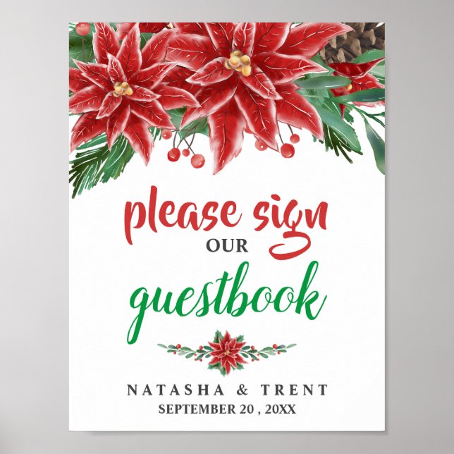 Poster Sinal de Casamento de Guestbook Red Poinsettia Chr (Frente)