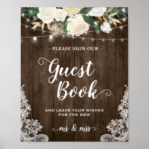 Póster Sinal de Casamento de Guestbook Rústico de Madeira
