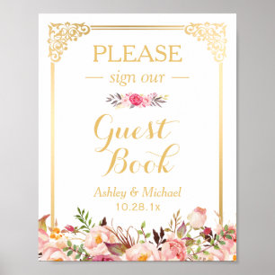 Póster Sinal de Casamento de Guestbook Vintage Dourada