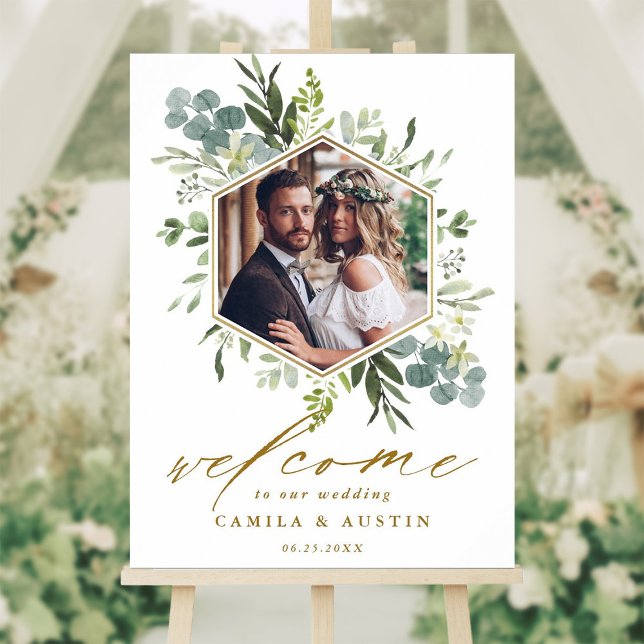 Poster Sinal de Casamento de Hexágono Dourado Verde (Criador carregado)