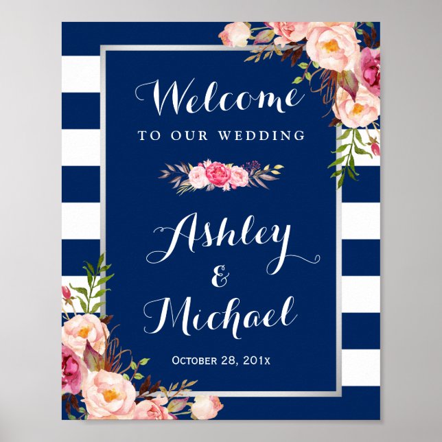 Poster Sinal de Casamento de Marinho de Prata Floral Cor- (Frente)